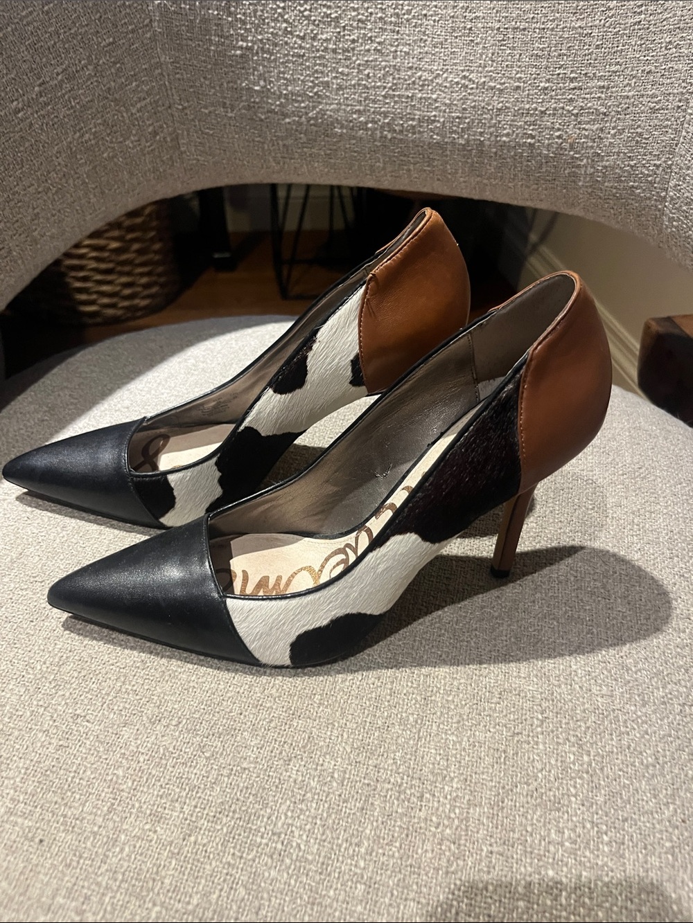 Sam Edelman Black Pointed Toe Cowhide Pumps with Brown Heel
